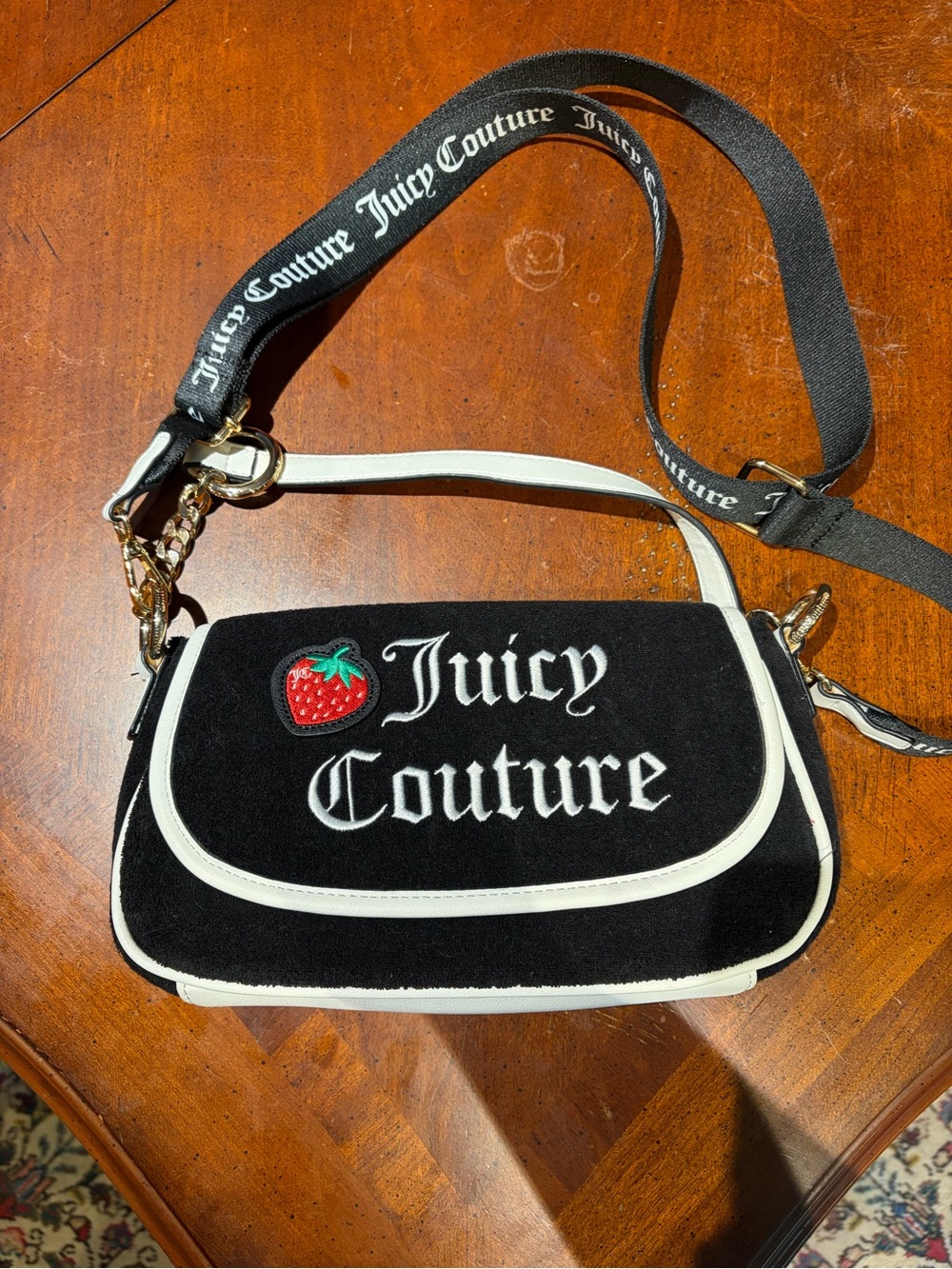 Juicy Couture Black & White Logo Crossbody with Strawberry Patch